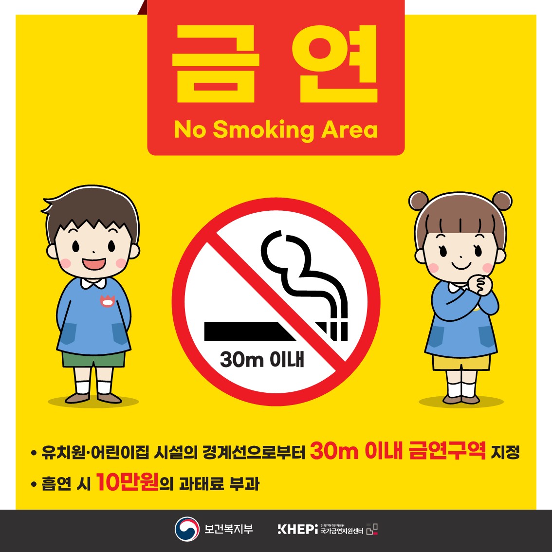 ● 유치원&middot;어린이집 시설의 경계선으로부터 30m 이내 금연구역 지정 ● 흡연 시 10만원의 과태료 부과