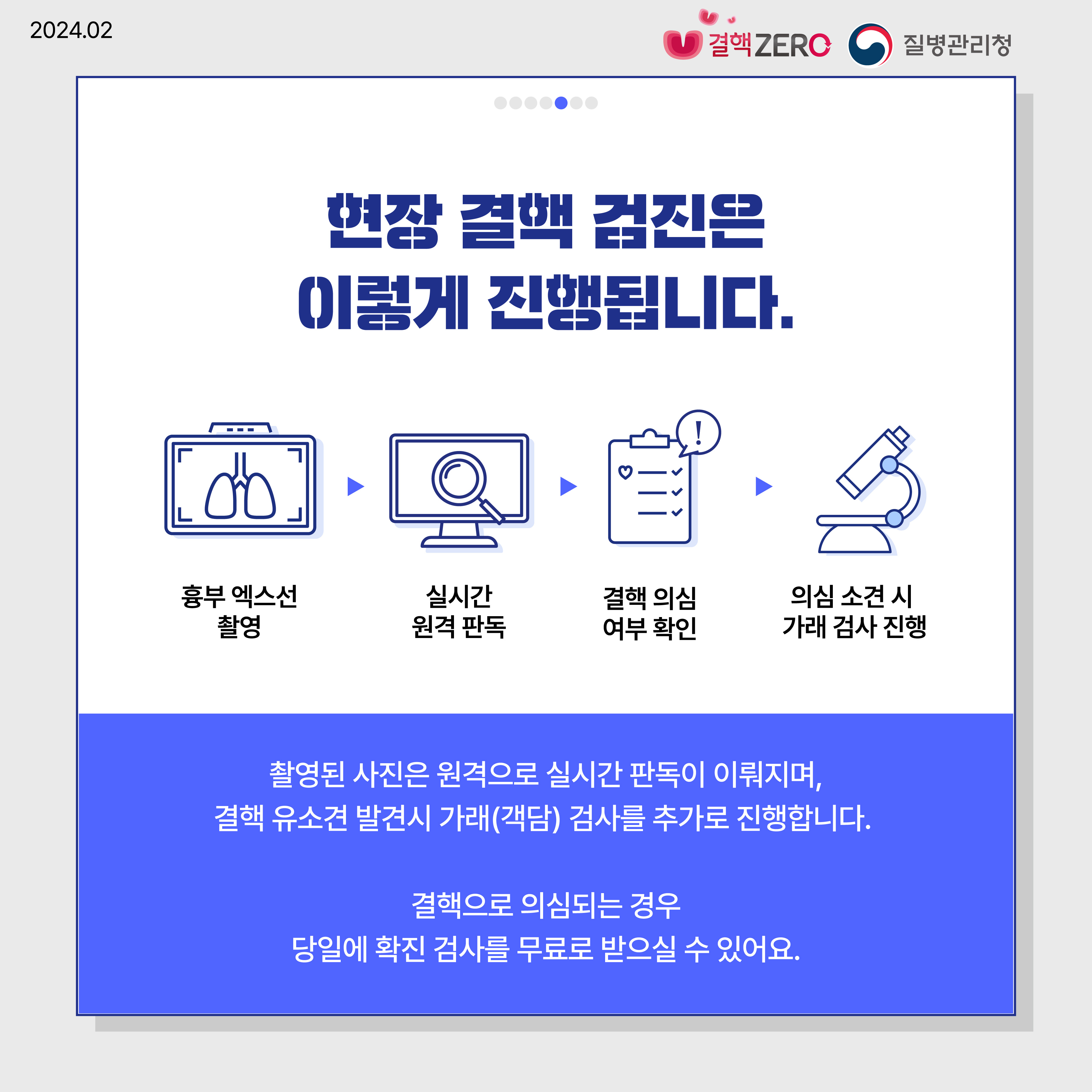현장 결핵 검진은 이렇게 진행됩니다. 흉부 엑스선 ▶ 촬영 실시간 원격 판독 ▶ 결핵 의심 여부 확인 ▶ 의심 소견 시 가래 검사 진행 촬영된 사진은 원격으로 실시간 판독이 이뤄지며, 결핵 유소견 발견시 가래(객담) 검사를 추가로 진행합니다. 결핵으로 의심되는 경우 당일에 확진 검사를 무료로 받으실 수 있어요.