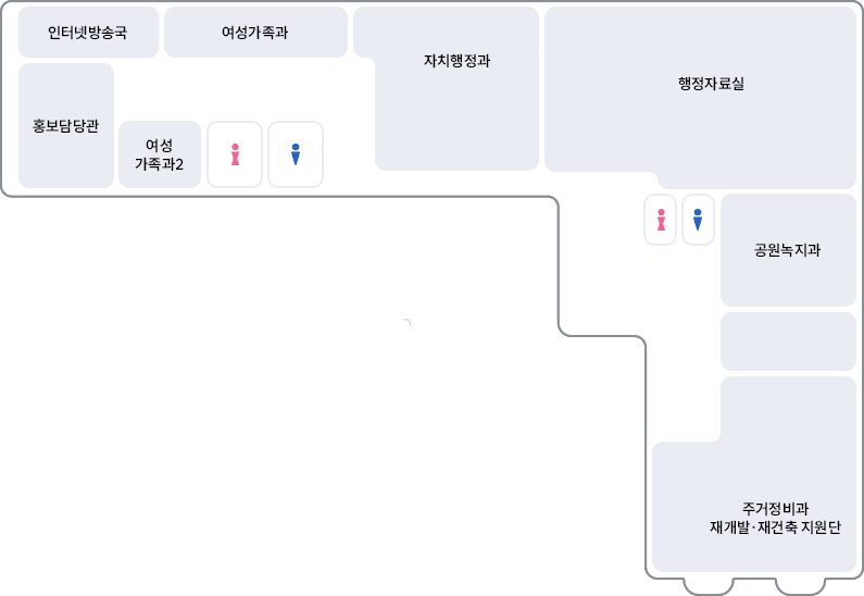 좌측계단을 기준으로 좌측에 인터넷방송국, 홍보담당관, 여성가족과, 여성가족과2, 화장실이 위치해 있으며, 우측으로 자치행정과, 행정자료실 위치, 
								우측 계단의 우측으로 화장실, 공원녹지과, 주거정비과 재개발·재건축 지원단 위치
