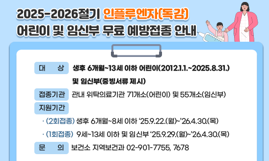 ○ 대    상: 생후 6개월~13세 이하 어린이(2012.1.1.~2025.8.31.)
             및 임신부(증빙서류 제시)
○ 접종기관: 관내 위탁의료기관 71개소(어린이) 및 55개소(임신부)
○ 지원기간
  · (2회접종) 생후 6개월~8세 이하 ‘25.9.22.(월)~’26.4.30.(목)
  · (1회접종)  9세~13세 이하 및 임신부 ‘25.9.29.(월)~’26.4.30.(목)
○ 문    의 : 보건소 지역보건과 02-901-7755, 7678