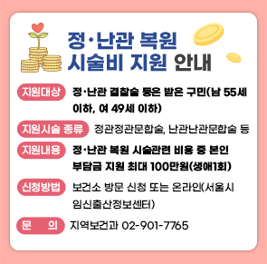 ○ 지원대상: 정‧난관 결찰술 등은 받은 구민(남 55세 이하, 여 49세 이하)
○ 지원시술 종류: 정관정관문합술, 난관난관문합술 등
○ 지원내용: 정‧난관 복원 시술관련 비용 중 본인부담금 지원 최대 100만원(생애1회)
○ 신청방법: 보건소 방문 신청 또는 온라인(서울시임신출산정보센터)
○ 문    의 : 지역보건과 02-901-7765
