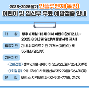 2025-2026절기 인플루엔자(독감) 어린이 및 임신부 무료 예방접종 안내
○ 대    상: 생후 6개월~13세 이하 어린이(2012.1.1.~2025.8.31.)
             및 임신부(증빙서류 제시)
○ 접종기관: 관내 위탁의료기관 71개소(어린이) 및 55개소(임신부)
○ 지원기간
  · (2회접종) 생후 6개월~8세 이하 ‘25.9.22.(월)~’26.4.30.(목)
  · (1회접종)  9세~13세 이하 및 임신부 ‘25.9.29.(월)~’26.4.30.(목)
○ 문    의 : 보건소 지역보건과 02-901-7755, 7678