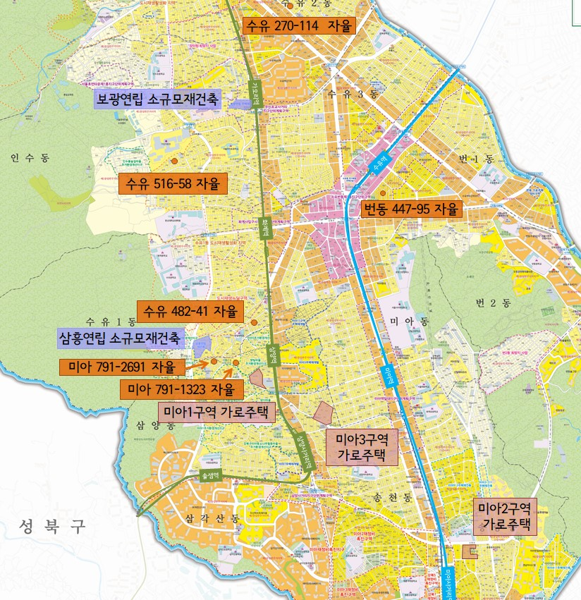 강북구 소규모주택정비사업 추진현황 지도 - 수유27-114 자율, 보광연립 소규모 재건축, 수유 516-58 자율, 번동 447-95 자율, 수유 482-41 자율, 삼흥연립 소규모재건축, 미아 791-2691 자율, 미아 791-1323 자율, 미아1구역 가로주택, 미아3구역 가로주택, 미아2구역 가로주택