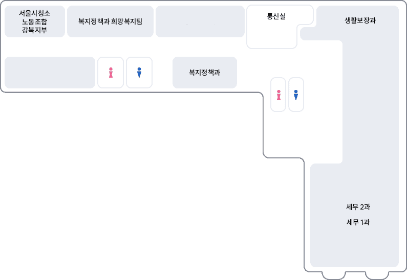 좌측 계단 기준으로 좌측에 서울시청소노동조합강북지부, 복지정책과 희망복지팀,  청소행정과, 복지정책과, 화장실 위치, 우측 계단 기준으로 화장실, 통신실, 생활보장과, 세무2과, 세무1과 위치