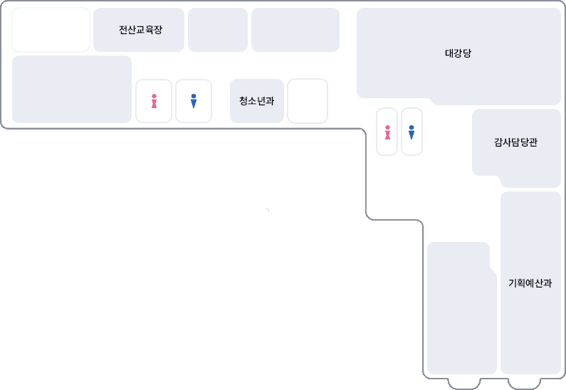 좌측 계단을 기준으로 좌측으로 전산교육장,강북구지부, 편통사무실, 우측으로 화장실,청소년과, 
								우측 계단 기준으로 좌측 화장실, 대강당, 우측으로 감사담당관, 기획예산과 위치